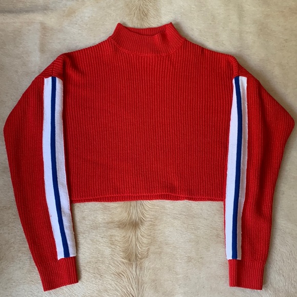 Retro Inspired Red Ribbed Crop Pullover Sweater - Picture 1 of 7